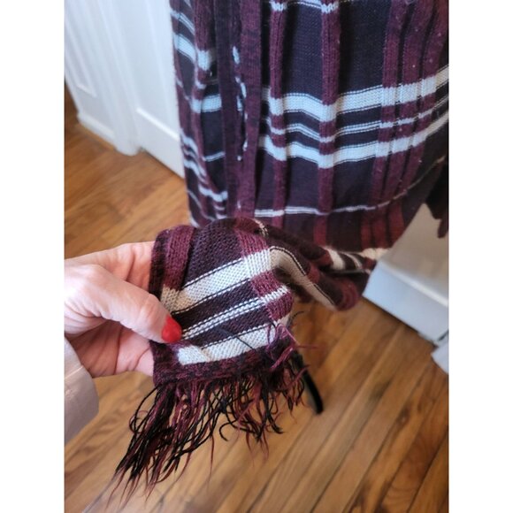 Burgundy/White Ribbed Striped Duster Hoodie Fringe Faded Glory 4/6 Boho Retro - Picture 3 of 6